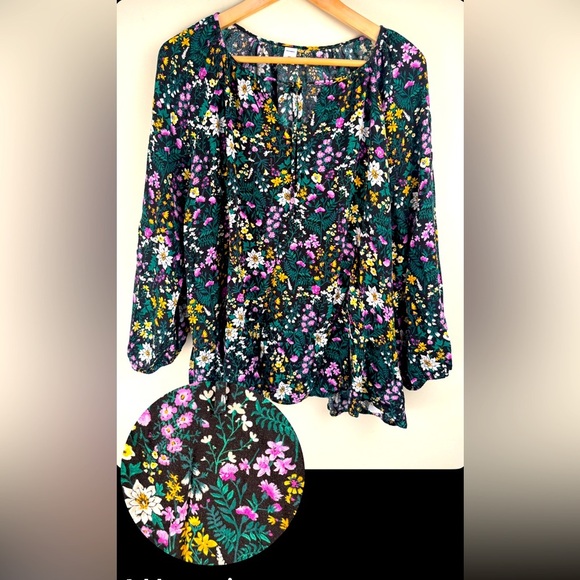 Old Navy Tops - Old Navy Peasant Tie Front Blouse Rayon Black Yellow Purple Florals Ruffle 2X